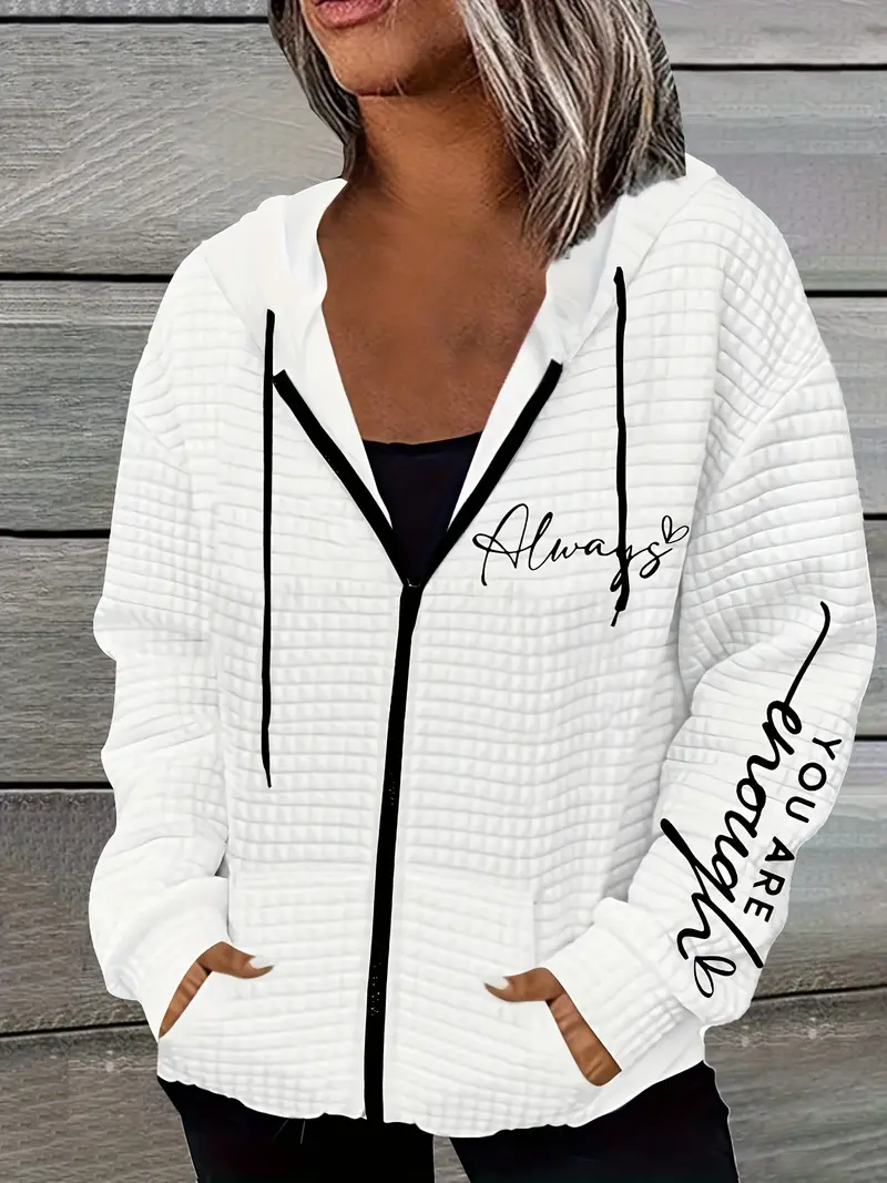 Mektup Baskılı Fermuarlı Çift Cep Kapşonlu Rahat Uzun Kollu Bağcıklı Kadın Sweatshirt