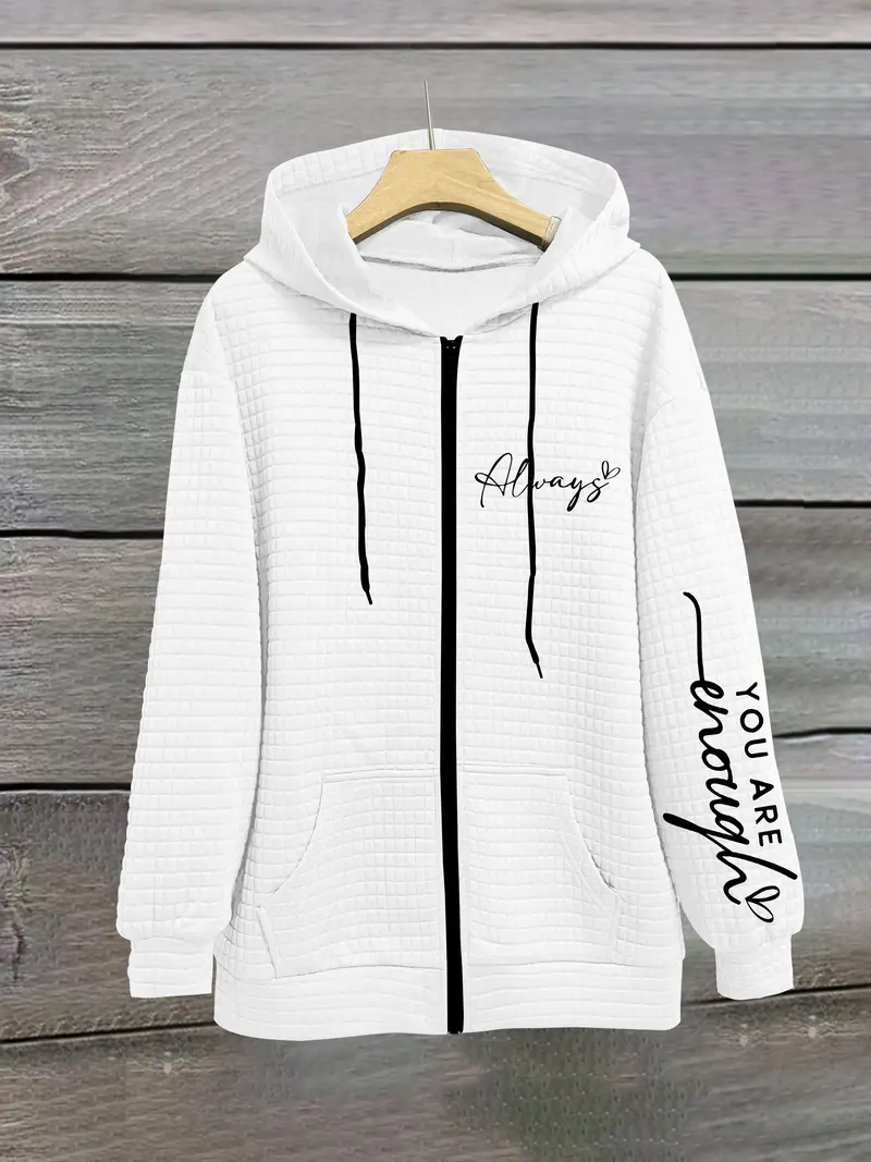 Mektup Baskılı Fermuarlı Çift Cep Kapşonlu Rahat Uzun Kollu Bağcıklı Kadın Sweatshirt