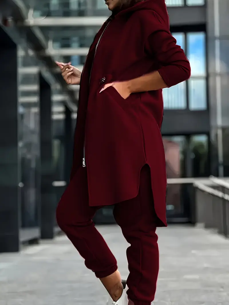 Şık Düz Renkli Kapşonlu Kazak ve Eşofman Takımı Polyester, Fermuarlı, Uzun kollu Günlük Giyim İçin Kadın Eşofman Takımı