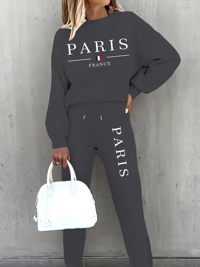 Uzun Kollu Fleece Pullover ve Bağcıklı Eşofman Sonbahar ve Kış Moda Baskılı İki Parça Kadın Eşofman Takım