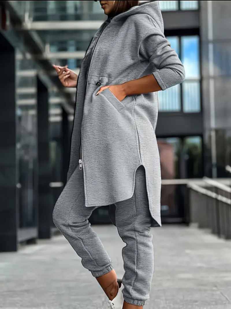Şık Düz Renkli Kapşonlu Kazak ve Eşofman Takımı Polyester, Fermuarlı, Uzun kollu Günlük Giyim İçin Kadın Eşofman Takımı