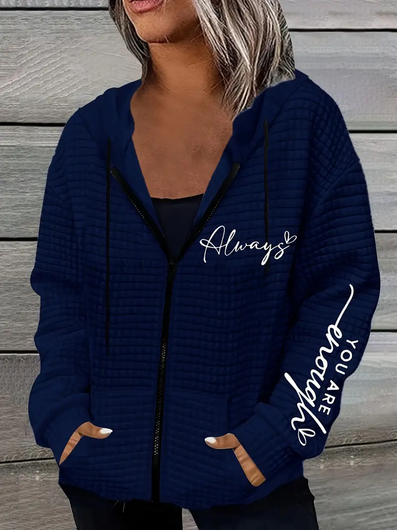 Mektup Baskılı Fermuarlı Çift Cep Kapşonlu Rahat Uzun Kollu Bağcıklı Kadın Sweatshirt