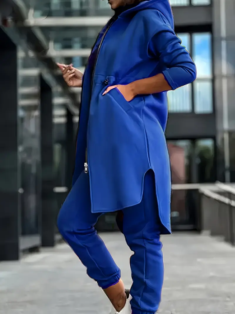 Şık Düz Renkli Kapşonlu Kazak ve Eşofman Takımı Polyester, Fermuarlı, Uzun kollu Günlük Giyim İçin Kadın Eşofman Takımı