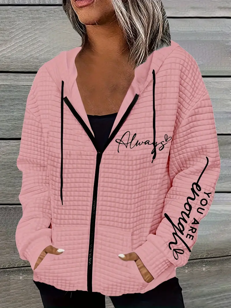 Mektup Baskılı Fermuarlı Çift Cep Kapşonlu Rahat Uzun Kollu Bağcıklı Kadın Sweatshirt