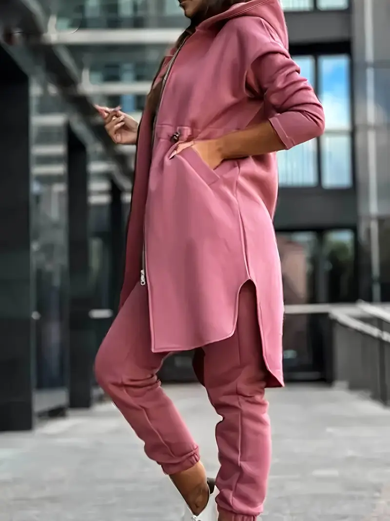 Şık Düz Renkli Kapşonlu Kazak ve Eşofman Takımı Polyester, Fermuarlı, Uzun kollu Günlük Giyim İçin Kadın Eşofman Takımı