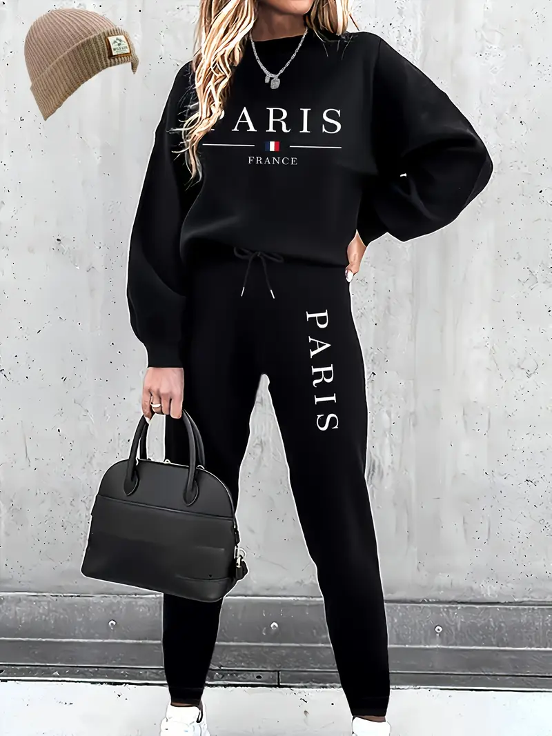 Uzun Kollu Fleece Pullover ve Bağcıklı Eşofman Sonbahar ve Kış Moda Baskılı İki Parça Kadın Eşofman Takım