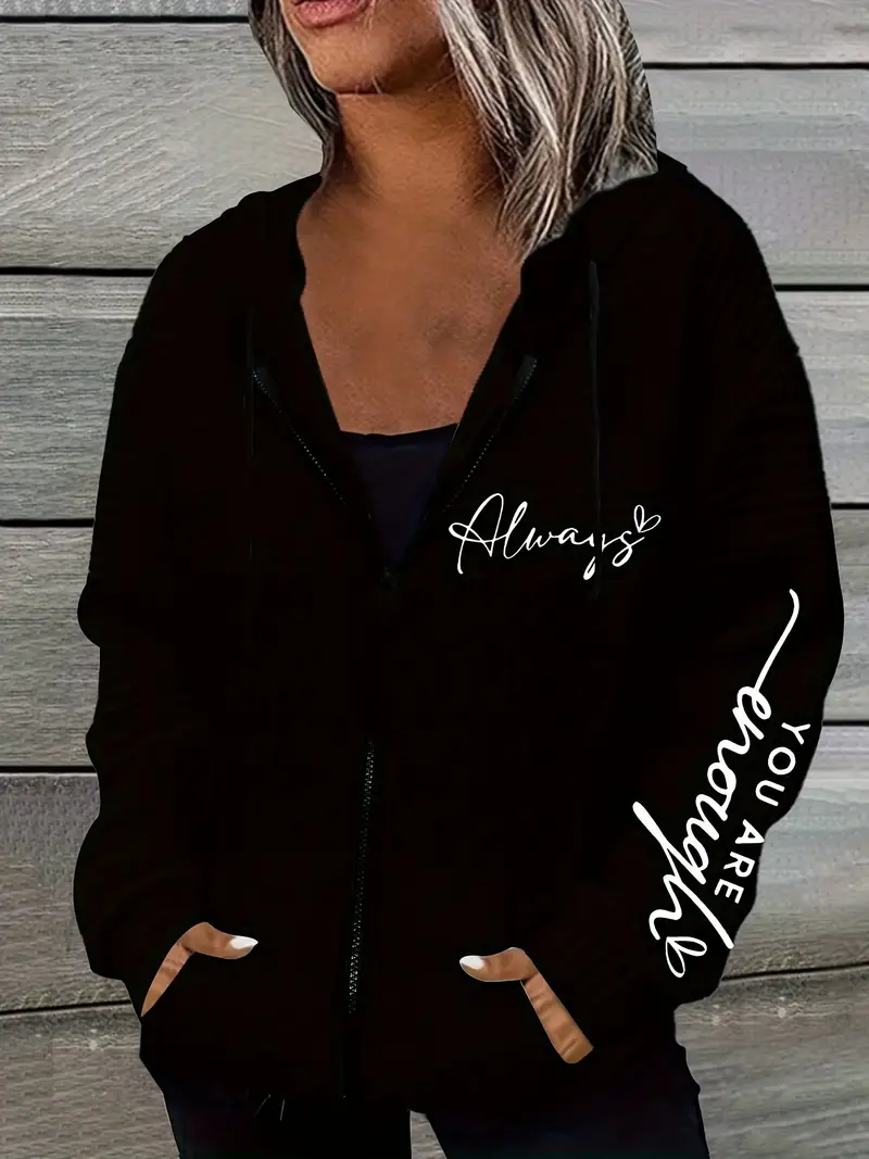 Mektup Baskılı Fermuarlı Çift Cep Kapşonlu Rahat Uzun Kollu Bağcıklı Kadın Sweatshirt