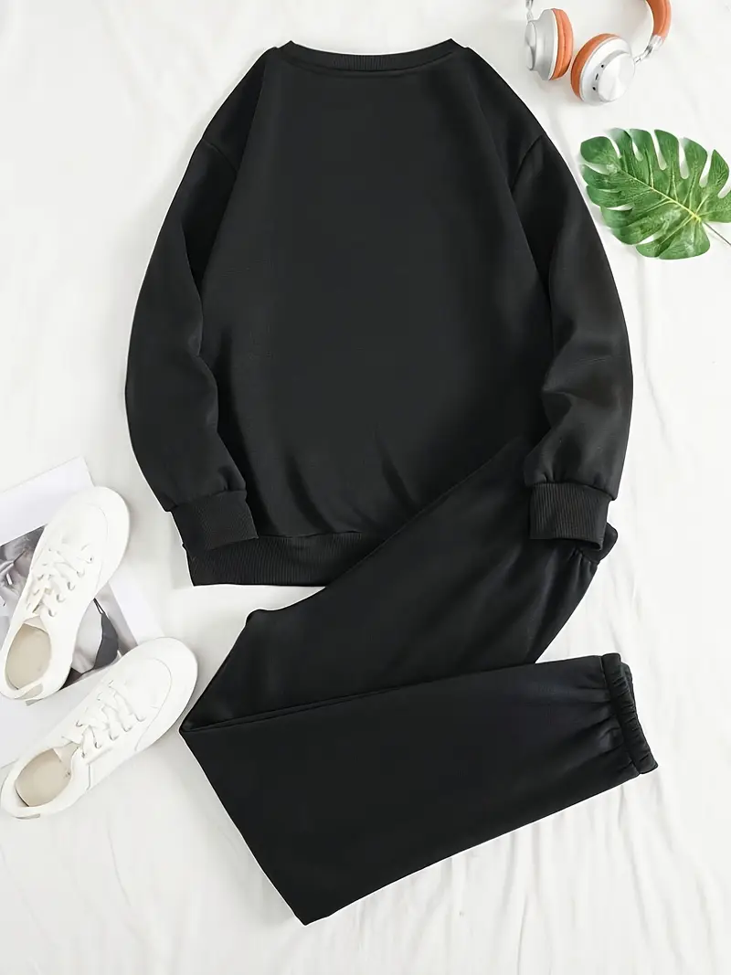 Uzun Kollu Fleece Pullover ve Bağcıklı Eşofman Sonbahar ve Kış Moda Baskılı İki Parça Kadın Eşofman Takım