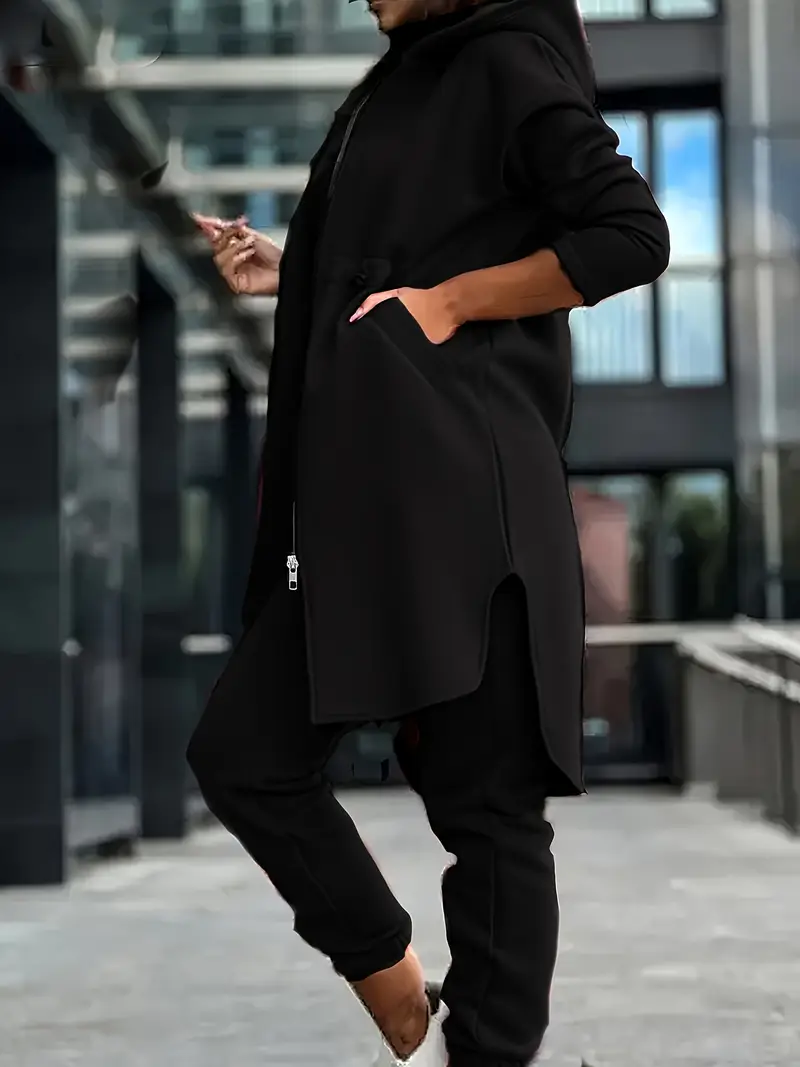 Şık Düz Renkli Kapşonlu Kazak ve Eşofman Takımı Polyester, Fermuarlı, Uzun kollu Günlük Giyim İçin Kadın Eşofman Takımı
