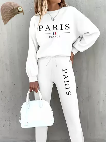 Uzun Kollu Fleece Pullover ve Bağcıklı Eşofman Sonbahar ve Kış Moda Baskılı İki Parça Kadın Eşofman Takım