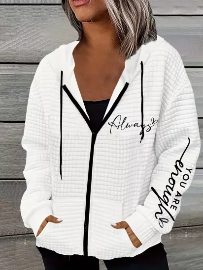 Mektup Baskılı Fermuarlı Çift Cep Kapşonlu Rahat Uzun Kollu Bağcıklı Kadın Sweatshirt