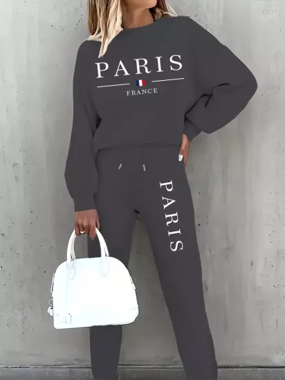 Uzun Kollu Fleece Pullover ve Bağcıklı Eşofman Sonbahar ve Kış Moda Baskılı İki Parça Kadın Eşofman Takım