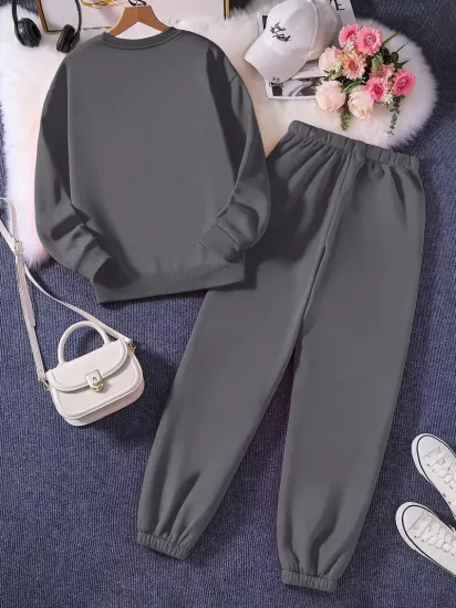 Uzun Kollu Fleece Pullover ve Bağcıklı Eşofman Sonbahar ve Kış Moda Baskılı İki Parça Kadın Eşofman Takım