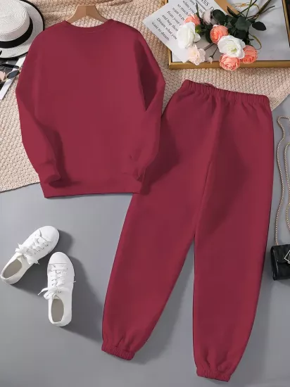 Uzun Kollu Fleece Pullover ve Bağcıklı Eşofman Sonbahar ve Kış Moda Baskılı İki Parça Kadın Eşofman Takım
