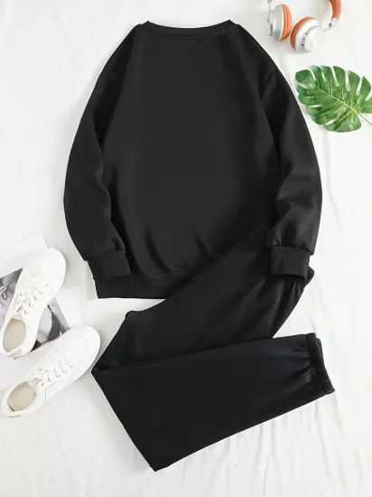 Uzun Kollu Fleece Pullover ve Bağcıklı Eşofman Sonbahar ve Kış Moda Baskılı İki Parça Kadın Eşofman Takım