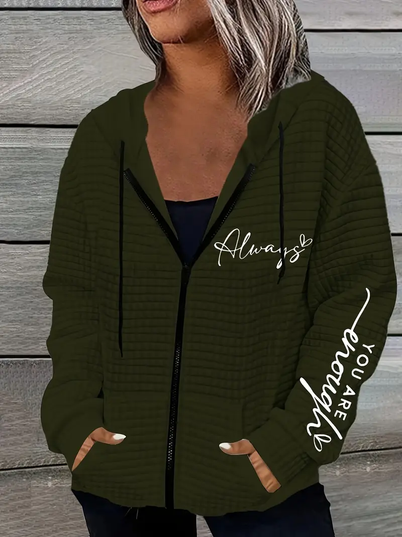 Mektup Baskılı Fermuarlı Çift Cep Kapşonlu Rahat Uzun Kollu Bağcıklı Kadın Sweatshirt